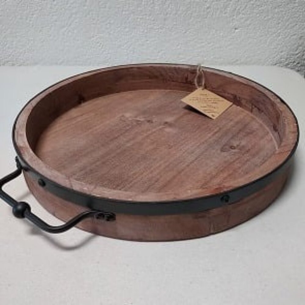 New Round Coffee Table Tray - 13'' Farmhouse Wood Serving Tray with Metal Handle